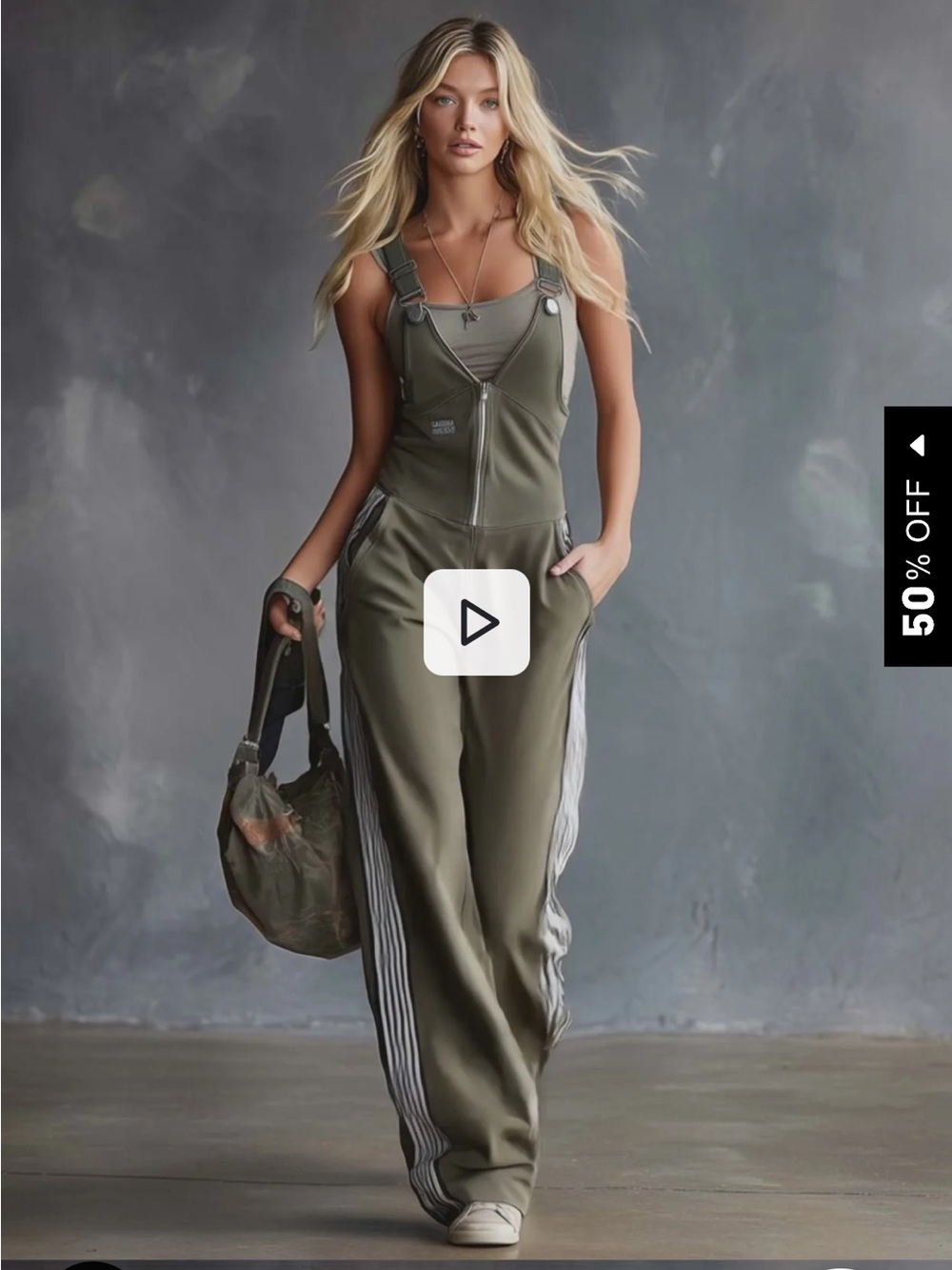 Oyrosy Olive Green Utility Jumpsuit with Striped Side Panels
